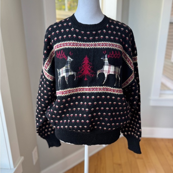 Vintage Sweaters - Vintage Susan Bristol Black Reindeer Plaid Wool Christmas Sweater Sz 38 Medium